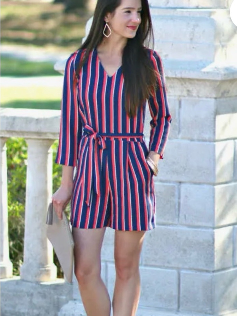 Banana Republic Navy & Coral Striped V‑Neck Romper
